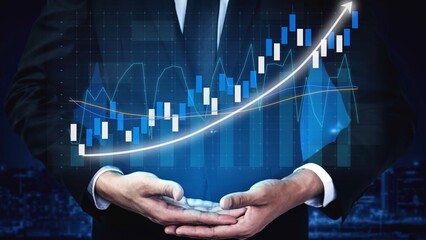 A businessman in a suit stands confidently with hands outstretched, presenting a vibrant graph indicating financial growth against a modern digital backdrop. Copula