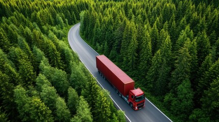 Vibrant Red Truck Driving Through Lush Green Forest on Winding Mountain Road
