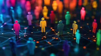 Vibrant Diverse Human Figures Connected in Network, Global Community Concept, Colorful Abstract Background, Digital Communication