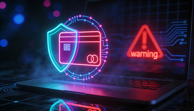 Neon credit card outline with security shield and warning sign above laptop representing online payment protection fraud alert phishing prevention and financial cybersecurity