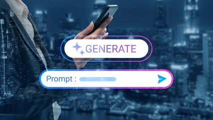 Modern Businesswoman Using Smartphone with Futuristic Digital Interface for Generating Ideas and Prompts in a Dynamic City Environment at Night Gluon.