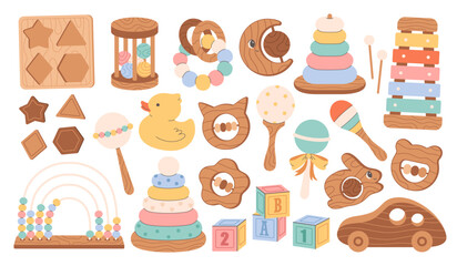 Educational children games, preschool activities concept. Wooden blocks, xylophone, pyramid, montessori games. Flat vector illustration