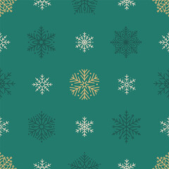 Seamless pattern with cute minimalist snowflakes. Gentle winter holiday design for Christmas, New Year. Perfect for banner, wallpaper, wrapping paper, background, card, poster. Vector illustration