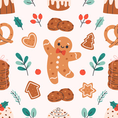 Seamless pattern with festive Christmas pastry. Winter holiday sweets. Design for banner, wallpaper, wrapping paper, background, card, poster. Vector illustration in flat style
