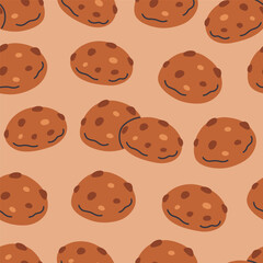 Seamless pattern with chocolate chip cookies. Ginger Christmas cookies. Perfect for banner, wallpaper, wrapping paper, background, card, poster. Vector illustration