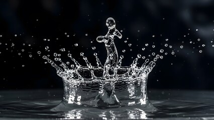 Water splash freeze moment captures the exact point of impact and motion in a clear display of fluid dynamics over a dark background