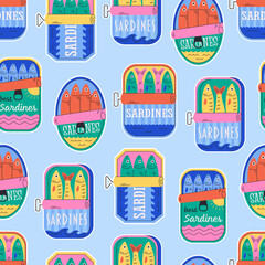 Seamless pattern with cute canned sardines. Mediterranean italian food. Design for banner, wallpaper, wrapping paper, background, card, poster. Vector illustration in flat style