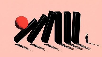 Red Sphere Initiates Domino Effect of Falling Black Rectangles, Businessman Observes Risk and Chaos