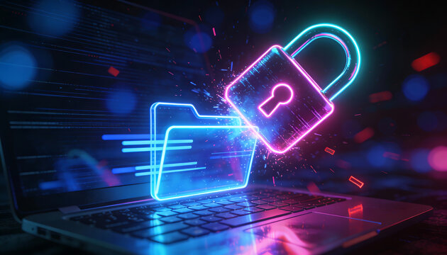 Neon padlock locking glowing folder icon above laptop representing secure files encrypted documents access control and data protection against cyber threats on dark background