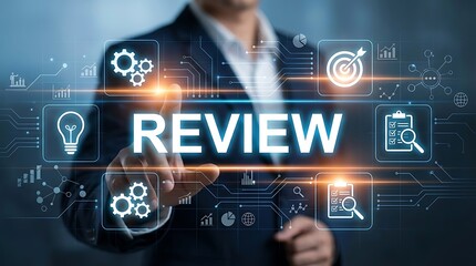 Businessman Touching 'Review' Word on Digital Screen with Icons for Analysis, Goal, Idea, and Checklist