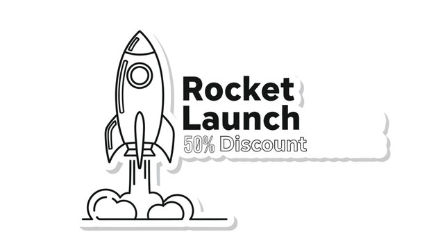 A rocket illustration with a sale announcement promoting a fifty percent discount offer