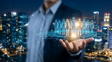 Businessman holding glowing digital team in futuristic city skyline at night, innovation and connectivity