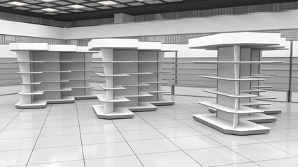 Retail store interior with shelving mockups with geometric stepped design and white toppers. 3d illustration © Wire_man