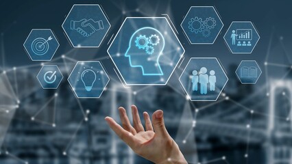 Head with gear and icons representing learning, digital training, and development process, showing skill growth for human or AI systems through knowledge or task optimization Marrow