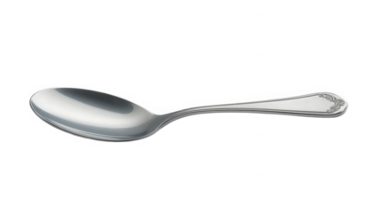 Classic silver plated tablespoon featuring elegant decorative etching on the handle end on transparent background