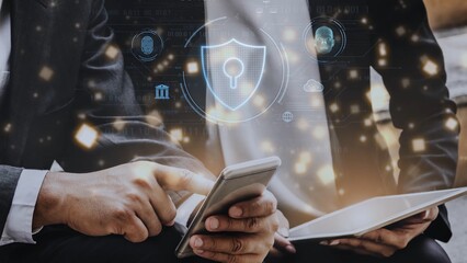 Cyber security interface with biometric and AI-powered protection system. Cyber security secures access, cybersecurity protects identity, cybersecurity detects threats, and defends data. Marrow