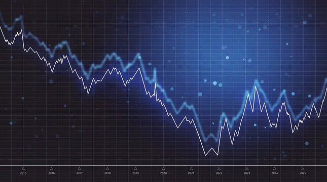 Financial stock market line graph showing fluctuating trends on a digital grid background with blue light effect - Powered by Adobe