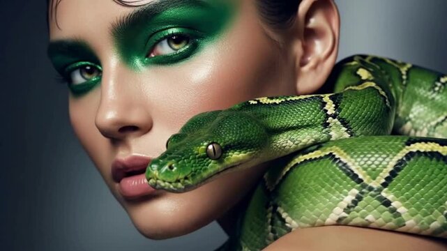 Edgy high fashion close-up of a woman with bold green eye makeup and a large green snake coiled around her neck, fierce and exotic beauty
