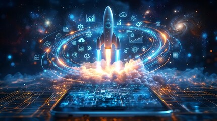 Futuristic Rocket Launching from Digital Grid on Smartphone, Symbolizing Startup Growth and Innovation