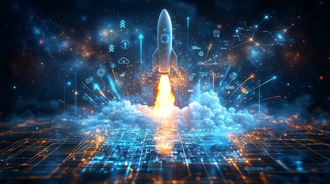 Futuristic Rocket Launching from Digital Grid with Glowing Data Streams and Cloud Elements - Space Exploration Technology