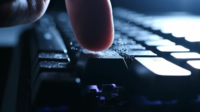 A close up view of a finger tapping on a dusty illuminated computer keyboard at night