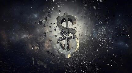 Exploding Dollar Sign Symbol in Cosmic Galaxy Nebula, Financial Crisis Concept, Money Destruction