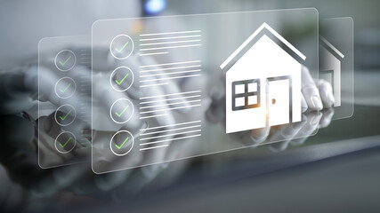 Hands interact with digital checklists and house icons, symbolizing the modern approach to real estate management and property assessment in the digital age. Gantry