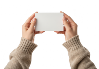 Hands holding a blank white card isolated on transparent background