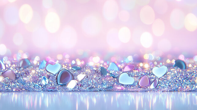Glittering silver hearts on soft pink bokeh background. Delicate backdrop for romantic events and St.Valentine Day design