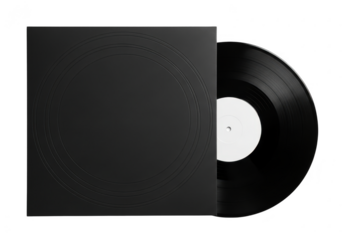 Black vinyl record with cover isolated on transparent background