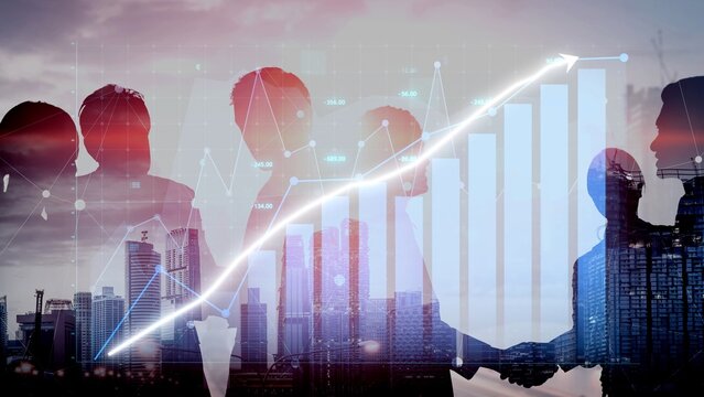 Dynamic image of business professionals engaged in a collaborative meeting, featuring digital graphs and a modern city skyline, representing growth and innovation. Copula - Powered by Adobe