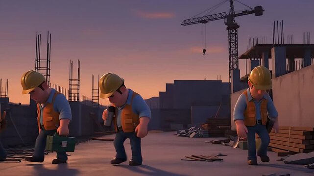 Depressed workers going from construction site - 3d animation