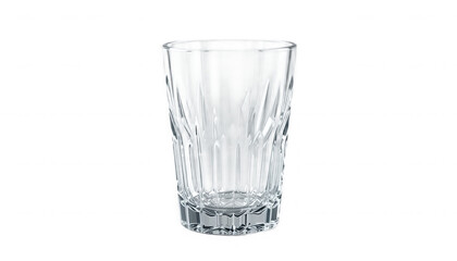 Detailed realistic image of a tall, clear crystal drinking glass featuring intricate vertical geometric cut patterns on transparent background. on transparent background
