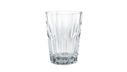 Detailed realistic image of a tall, clear crystal drinking glass featuring intricate vertical geometric cut patterns on transparent background. on transparent background