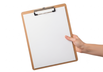 Hand holding a blank clipboard isolated on transparent background
