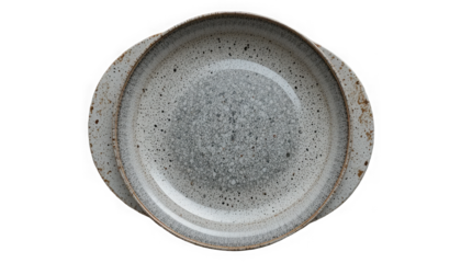Stacked ceramic stoneware serving dishes featuring a speckled grey and white reactive glaze with rustic brown accents on transparent background