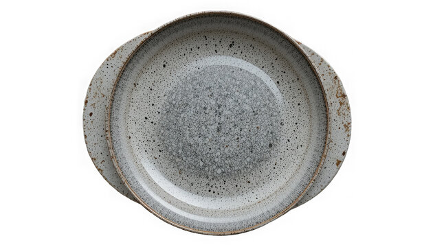 Stacked ceramic stoneware serving dishes featuring a speckled grey and white reactive glaze with rustic brown accents on transparent background