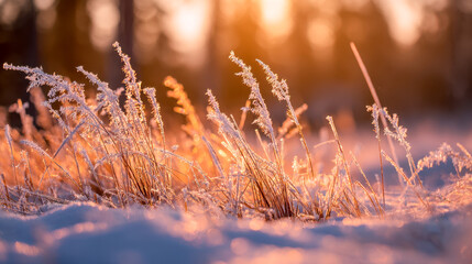 Frost-covered dried grasses glowing warmly under the soft light of a winter sunrise in a tranquil snowy landscape at dawn