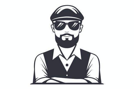 Sophisticated bearded man poses wearing cap and sunglasses with his arms crossed looking forward