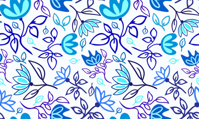 Fototapeta premium seamless floral pattern with blue abstract flowers and leaves hand drawn botanical background for textile and wallpaper