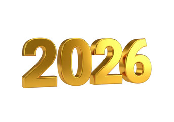 Golden 3d numbers spelling out the year 2026 isolated on transparent background