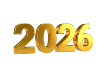 Golden 3d numbers spelling out the year 2026 isolated on transparent background