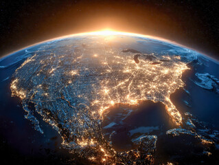 Illuminated map of North America showcasing vibrant city lights and urban networks glowing beneath a bright sunrise on the horizon viewed from space at night
