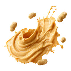 Splash swirl of peanut butter spread with whole peanuts flying, isolated on transparent background