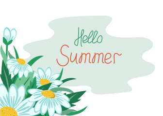 Seasonal summer banner. Chamomile flowers, natural background with text. Hand lettering. Hello summer. Colorful greeting card or invitation. Wildflowers, grass leaves.