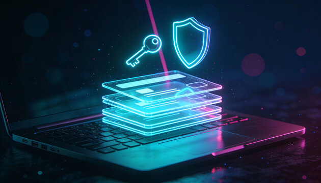 Glowing holographic card stack above laptop with neon key and shield icon concept for online payment security encryption authentication digital banking and privacy protection