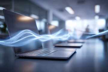 Modern laptop on office desk with futuristic digital wave overlay symbolizing fast data transfer and advanced technology communication in workspace environment