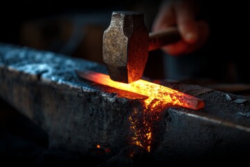 Blacksmith shapes metal with hammer at anvil during evening work in workshop