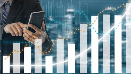 A business professional uses a smartphone to analyze financial data, surrounded by a modern city backdrop and upward-trending graphs, showcasing growth potential. Copula