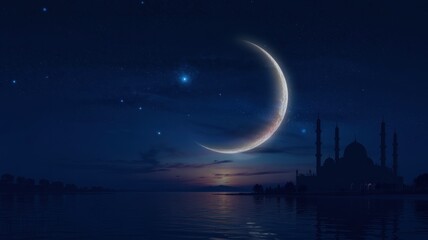 The night sky with a shining crescent moon, stars and the silhouette of a mosque, deep blue tones. A background with a place to copy.
